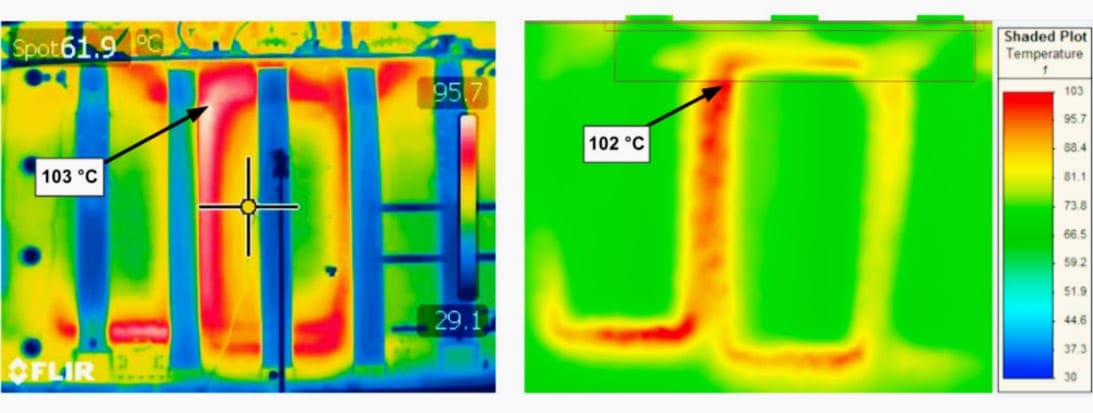 Comparison of temperature measurements and calculation (in °C) on three phase transformer tank 