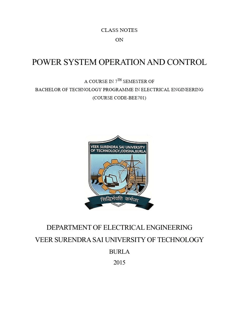 Class notes on power system control and operation