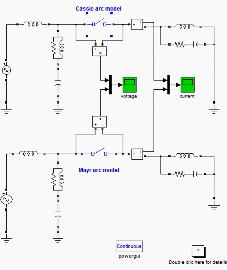 Arc modelling circuitry via Mayr and Cassie arc models on Simulink