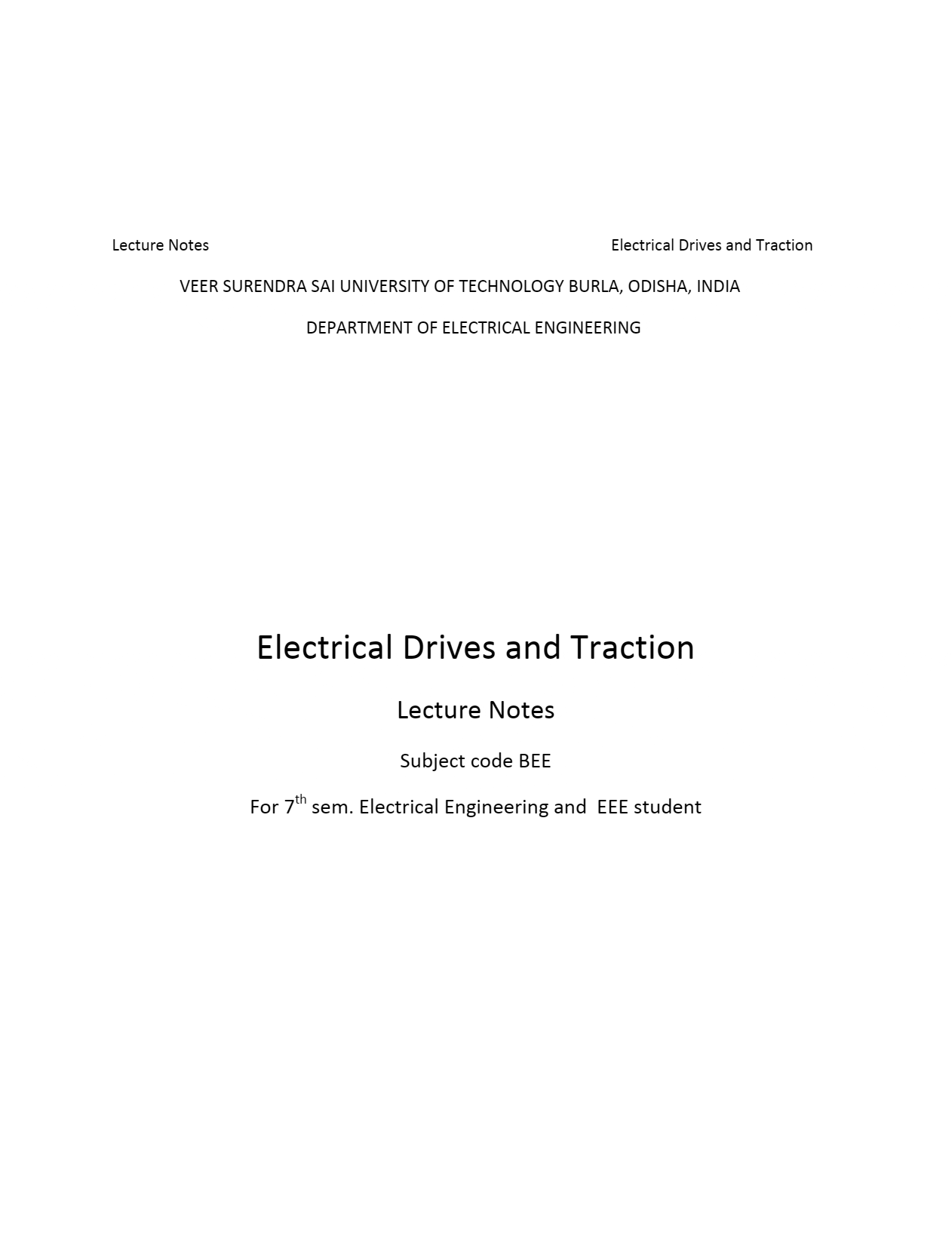 Lecture notes in electrical drives and traction systems