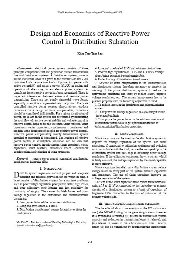 Reactive power control in distribution substations (design and economics)