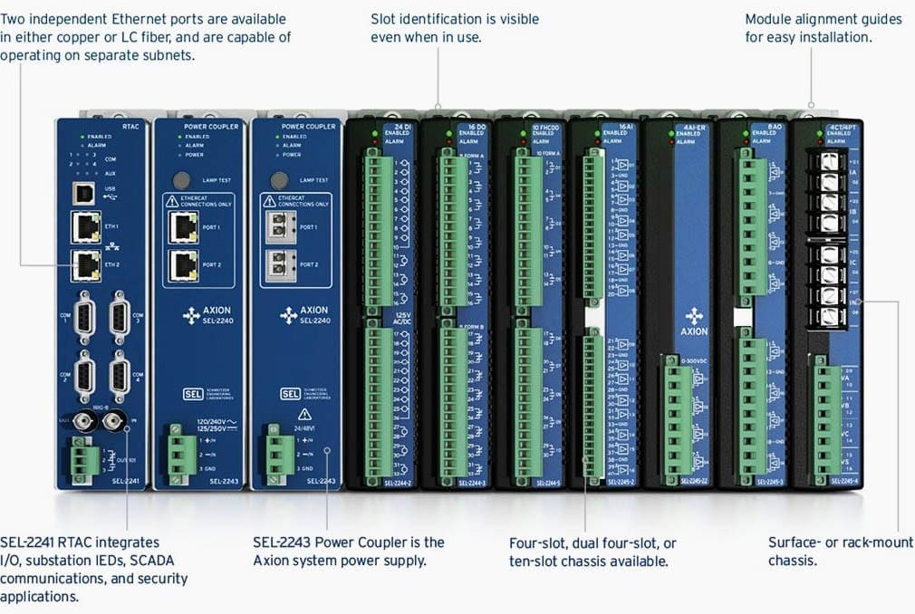 The SEL-2240 Axion is a fully integrated, modular input/output (I/O) and control solution ideally suited for utility and industrial applications.