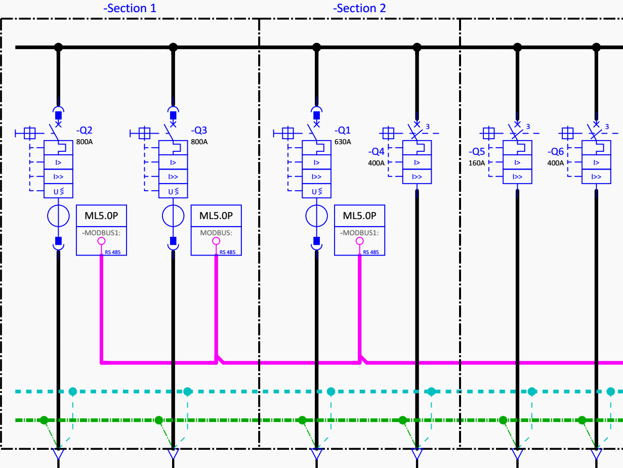 Detail 1 - Line types and colors used in single line diagram