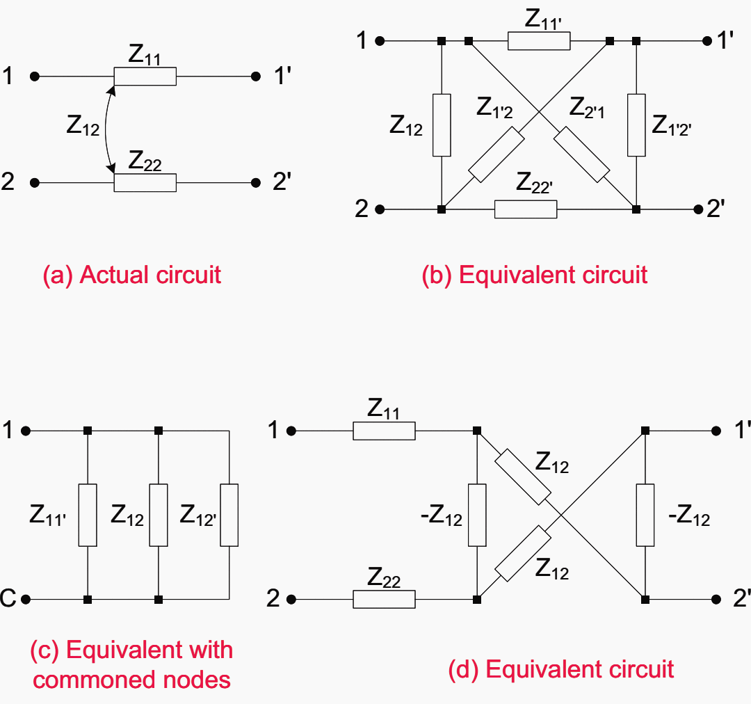 Equivalent circuits for four terminal network with mutual coupling