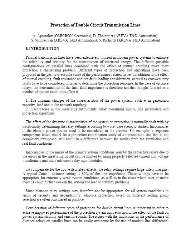 Protection of parallel (double) circuit transmission lines in modern power systems