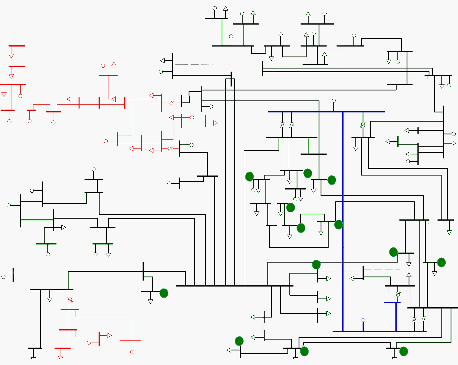 Telemark transmission network with voltage levels 300 kV (blue), 125-132 kV (green) and 56 kV (red). Available buses marked with green circle