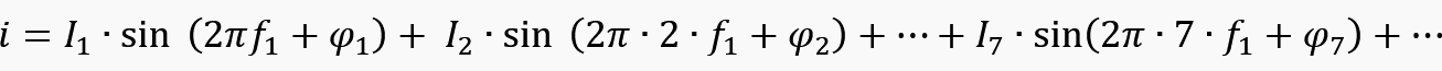 Total distorted current with RMS (Root Mean Square) values and frequencies