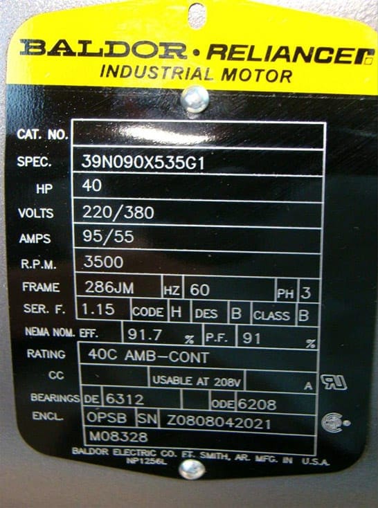 Industrial motor nameplate