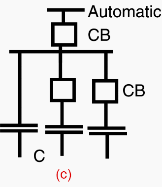 Capacitor bank switching arrangement with one automatic and two non-automatic circuit breakers