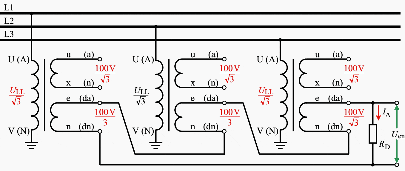 Connection of single-pole-earthed inductive voltage transformers to measure the neutral-point displacement voltage Uen