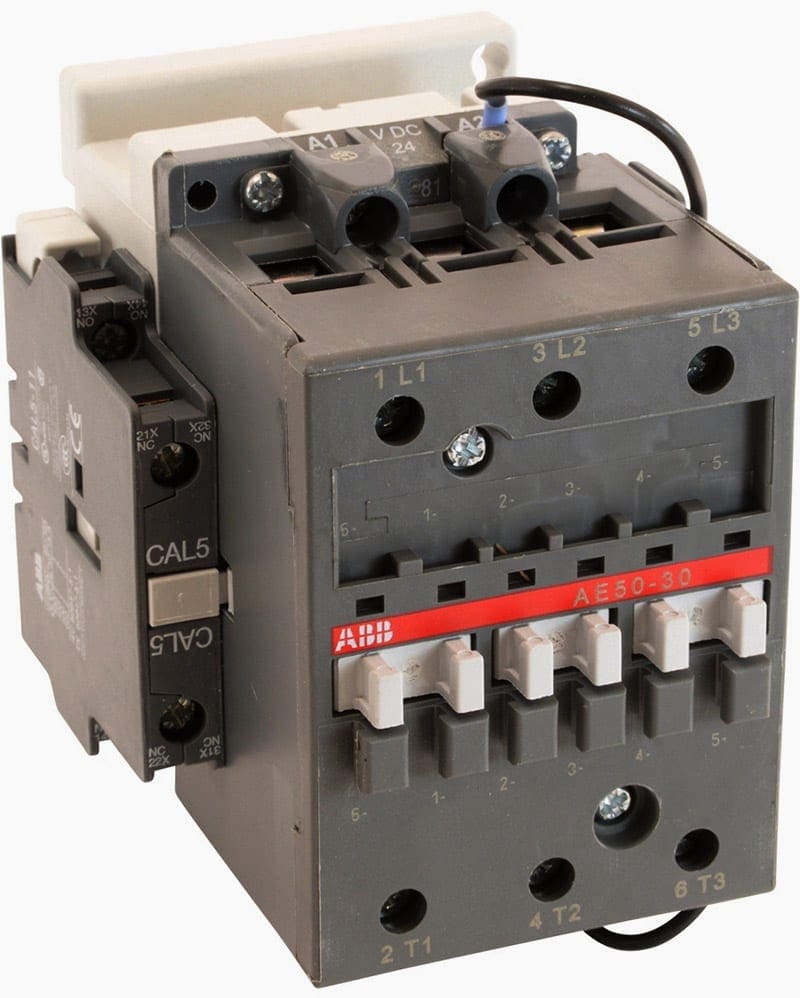 Example of 3 pole, 100 amp, non-reversing across the line contactor with 24V DC coil and 1 NO and 1 NC auxiliary contacts