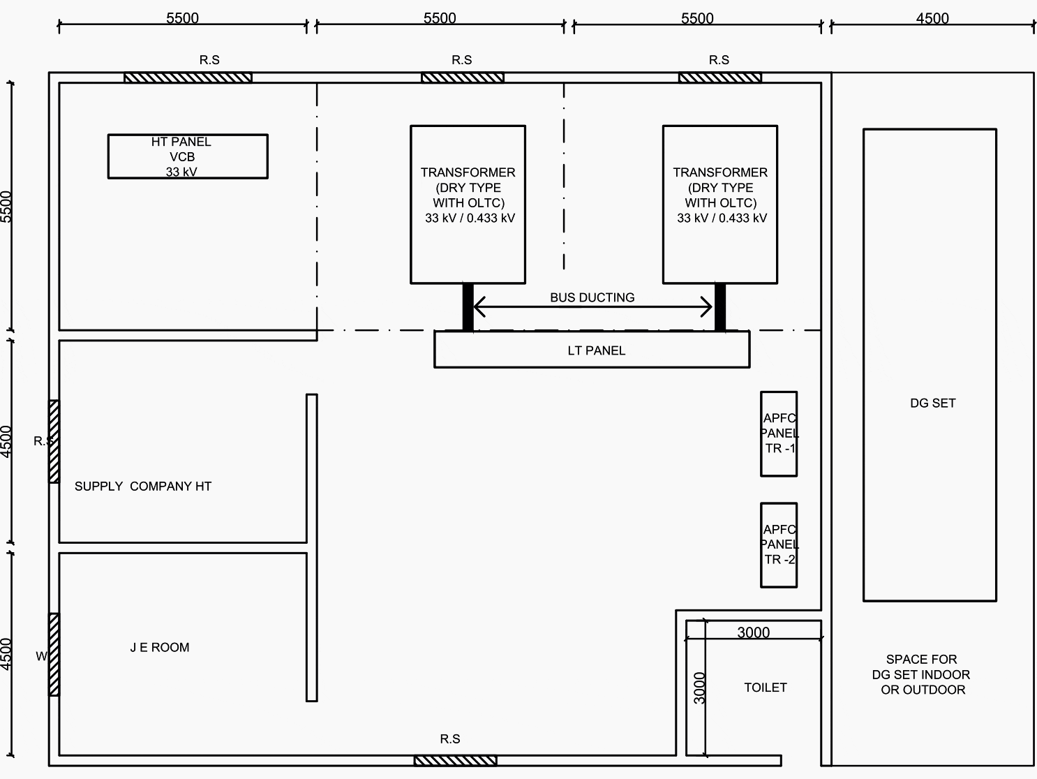 Typical layout for 33 kV / 0.433 kV substation with 33 kV incoming and two 2000 kVA 33 kV / 0.433 kV transformers