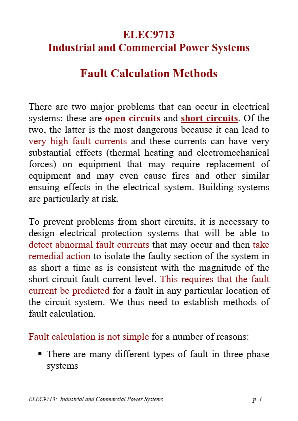 Fault calculation methods for industrial and commercial power systems