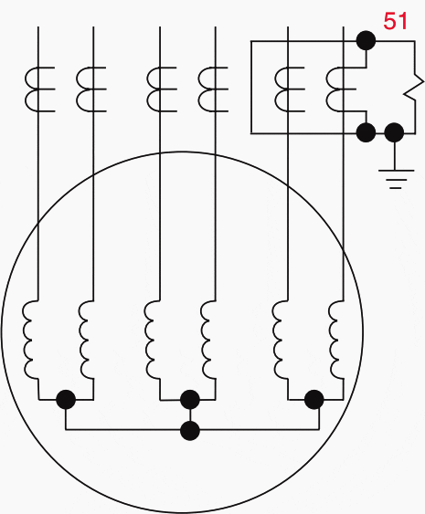 Split-phase motor overcurrent protection used with two paths per phase (one relay shown)