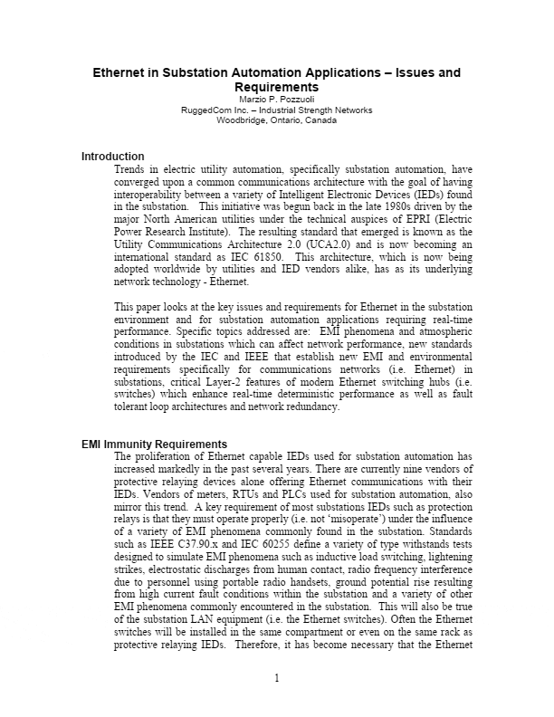 Ethernet in substation automation applications – Issues and requirements