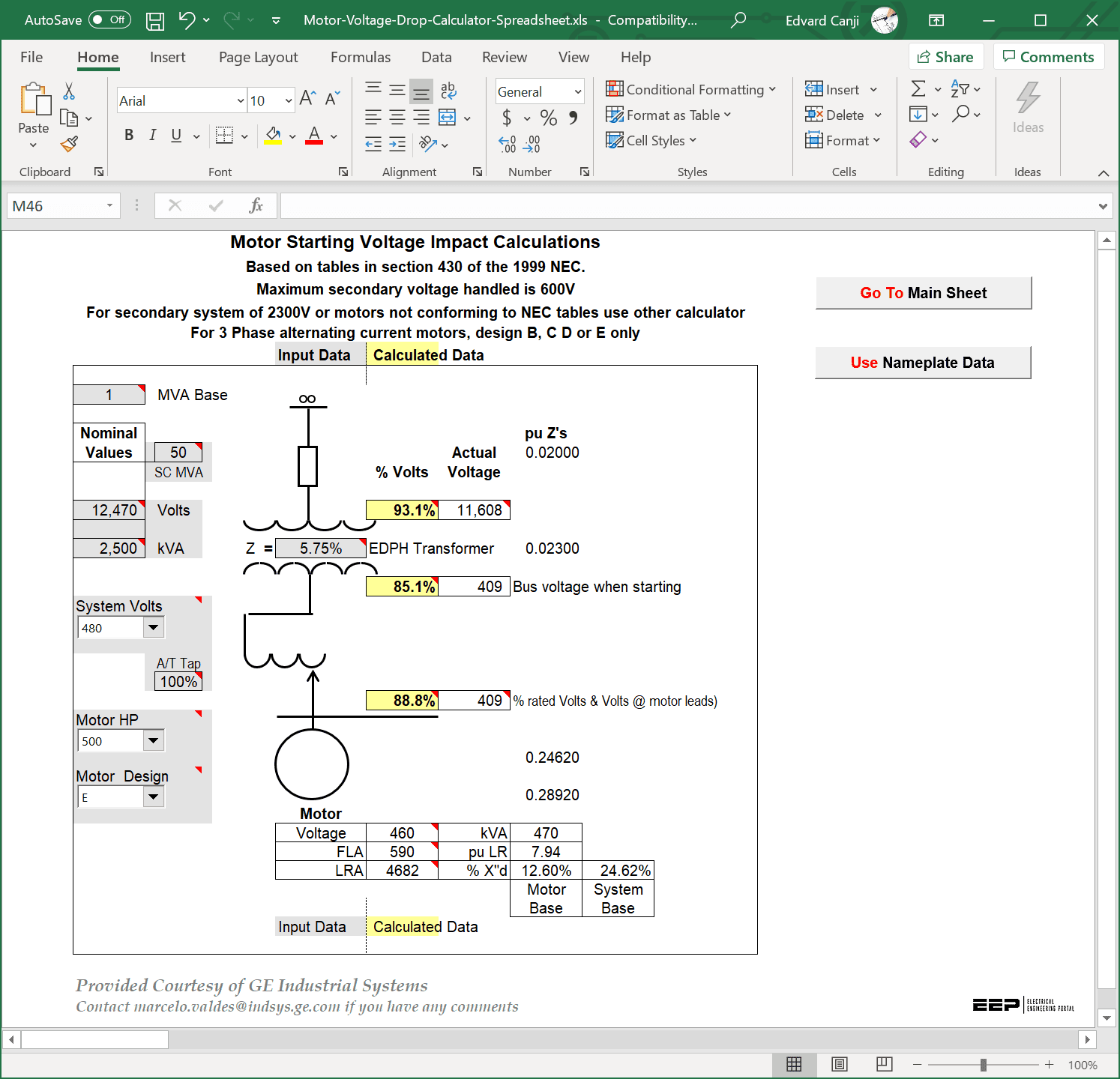 Motor Voltage Drop Calculator (MS Excel Spreadsheet) | EEP