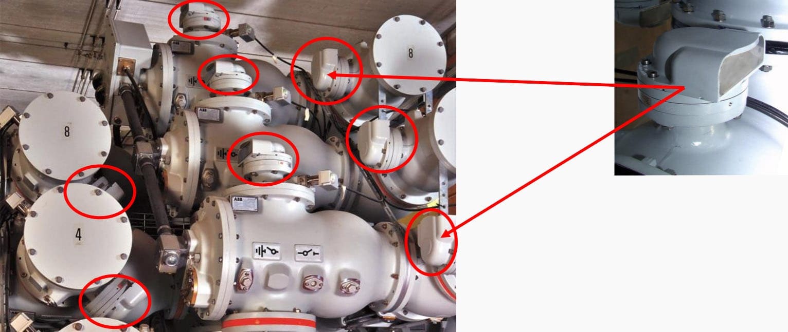 Pressure relief device present in every gas compartment (in every closed space between orange marks)