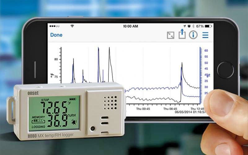 Data logger that measures and transmits temperature and relative humidity data wirelessly to mobile devices via Bluetooth Low Energy