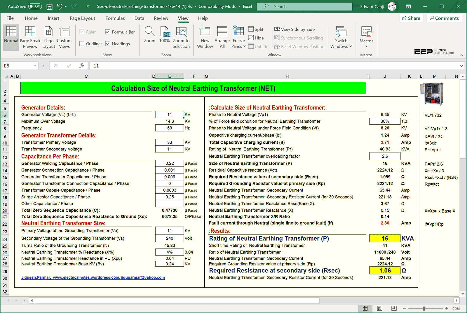 Spreadsheet to calculate the size of neutral earthing transformer