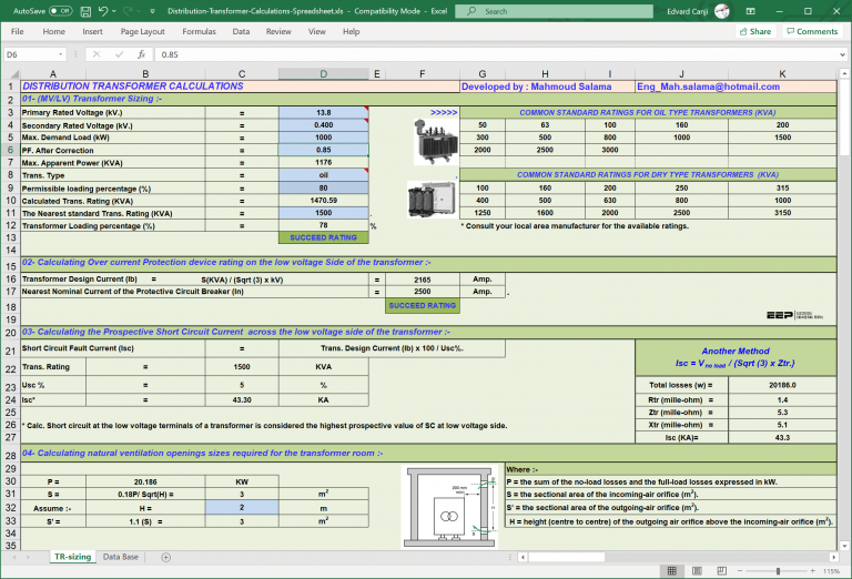 Distribution Transformer Calculations - MS Excel Spreadsheet