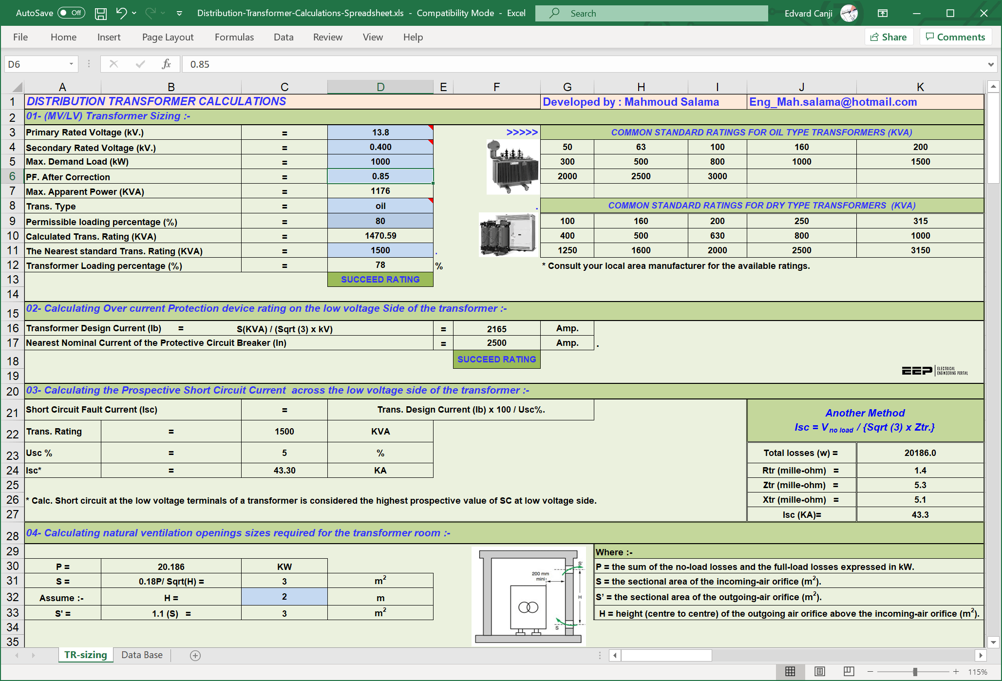 Distribution transformer calculations - MS Excel Spreadsheet