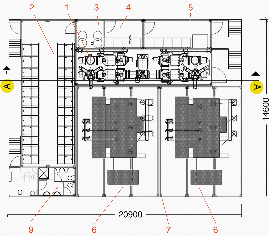 Ground plan of a prefabricated, modular transformer substation