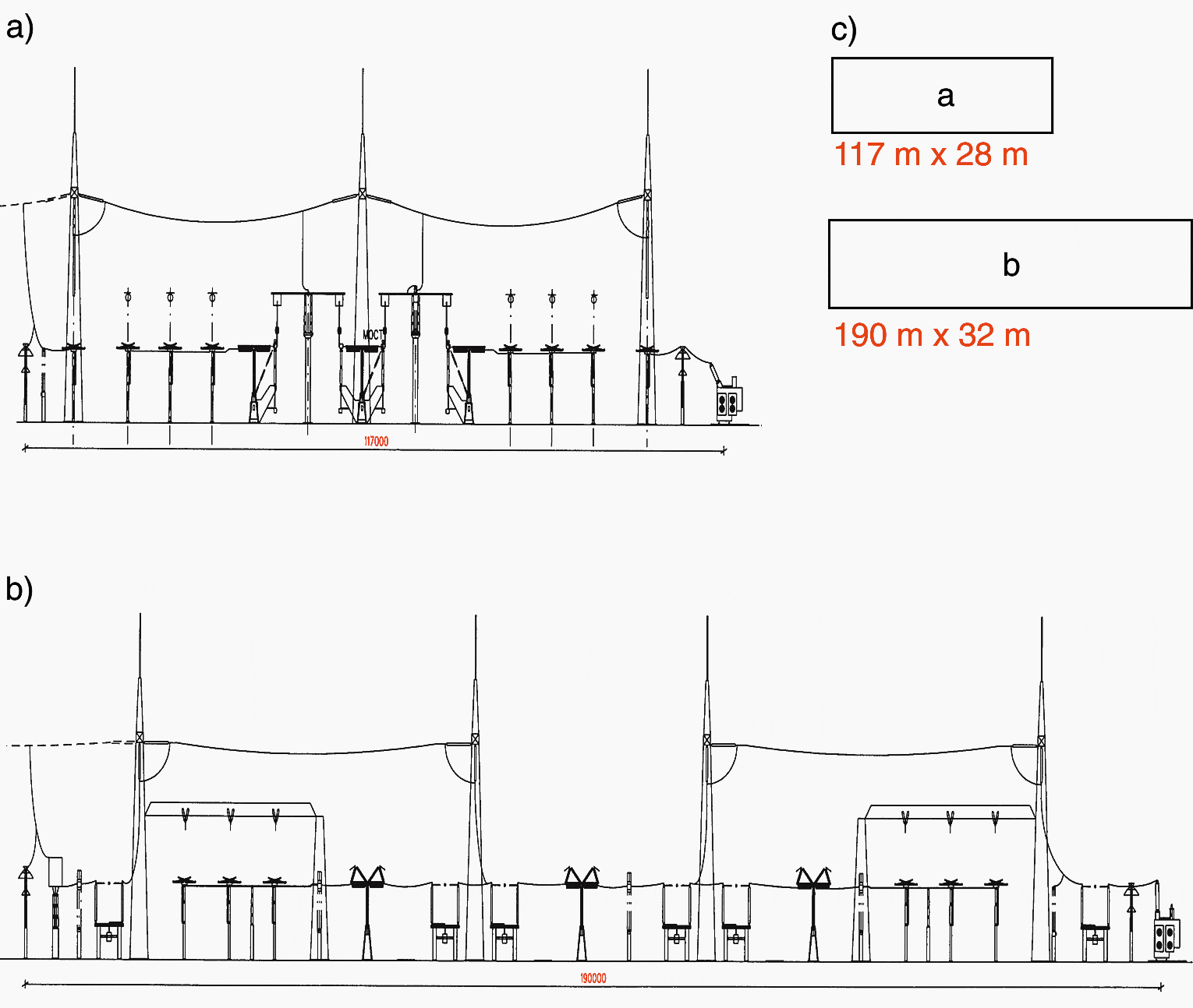 Switchgear installation design of a 500 kV 11/2 circuit-breaker installation with compact switching modules a), compared to conventional design b), comparison of areas c)