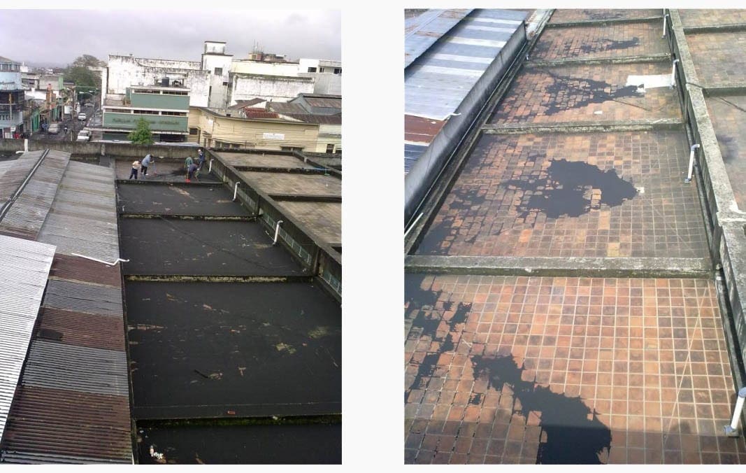 Cleanup of tephra from roof in progress (left), and abrasion damage to surface coating on roof (right)