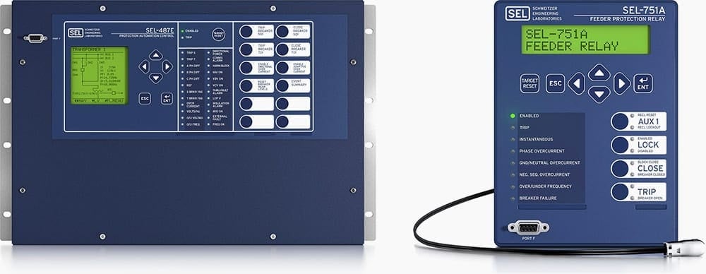 Left: Differential relay SEL-487E as the main protection; Right: Backup overcurrent protection relay SEL-751A