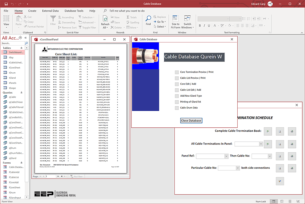 Cables Database tool for design of cables connections, laying and terminations