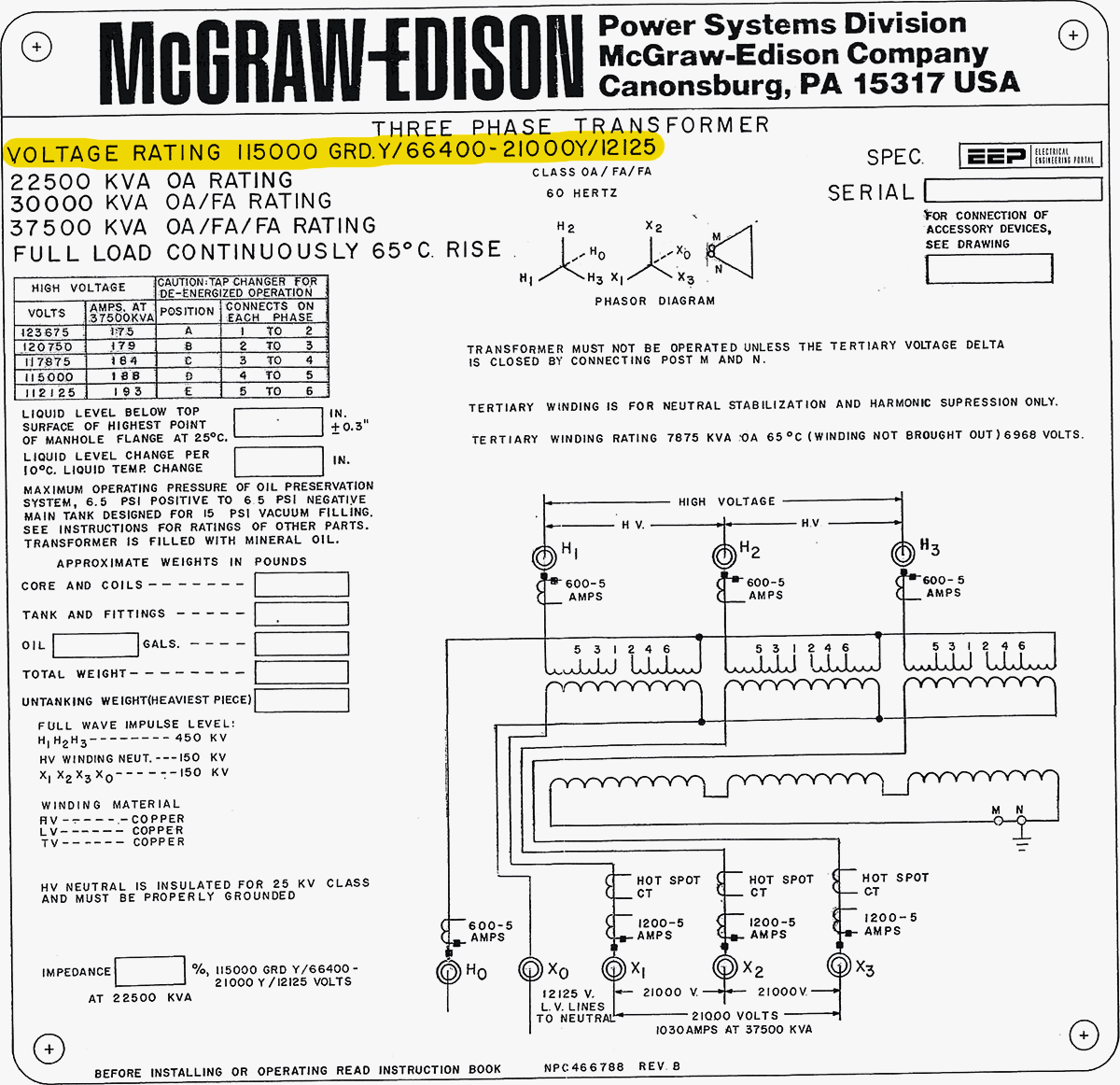 Transformer Tap Specifications