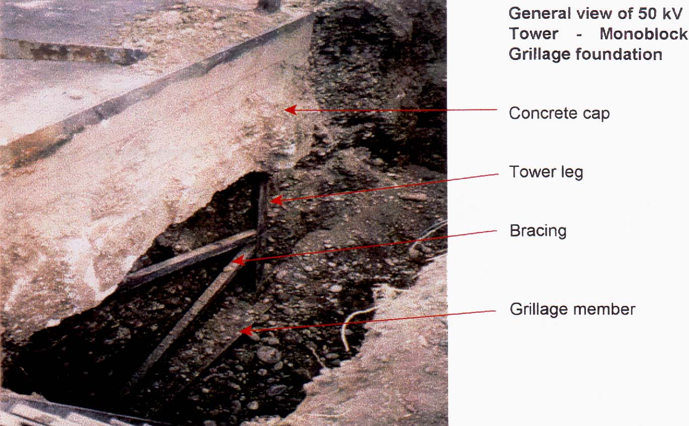 General view of a 50kV tower - Monoblock grillage foundation corrosion