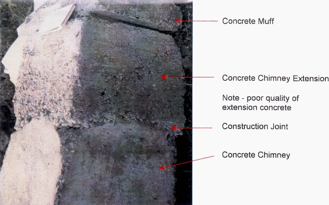 Details of a poor construction joint in a concrete chimney