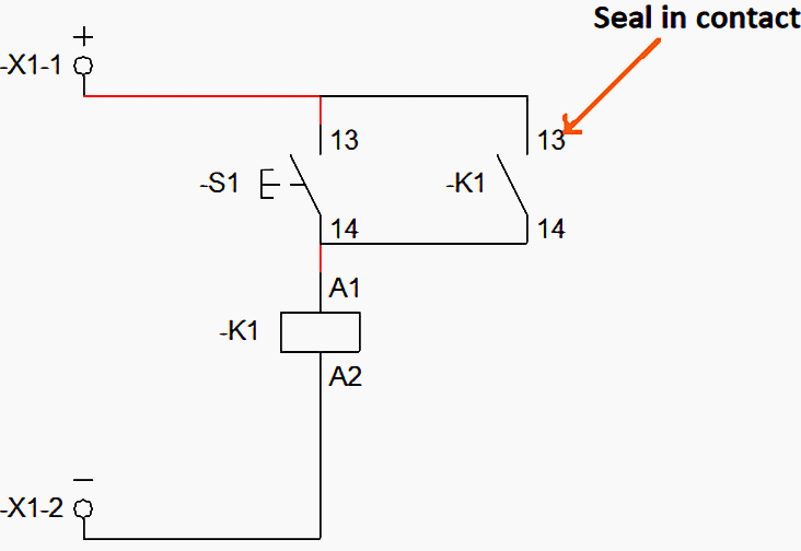 An example of using the K1 auxiliary contact as Seal In contact