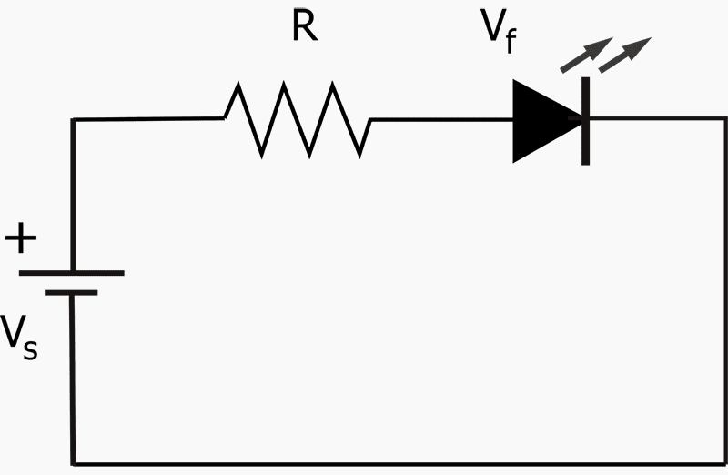 The battery, resistor, and LEDs are interconnected in the schematic diagram using wires