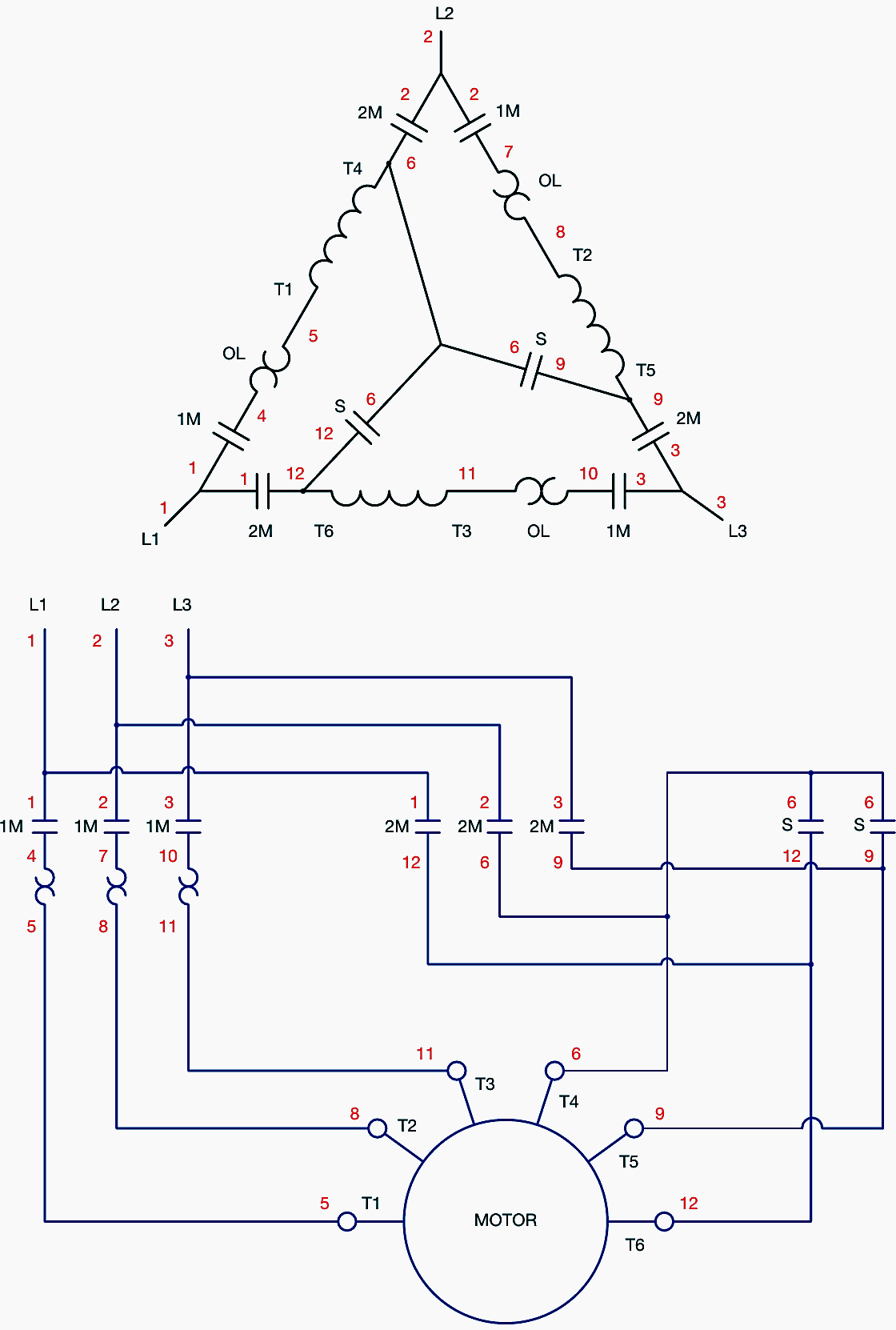 Load circuit connections for star-delta starting