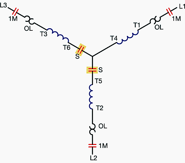 The stator windings are connected in star (wye) for starting