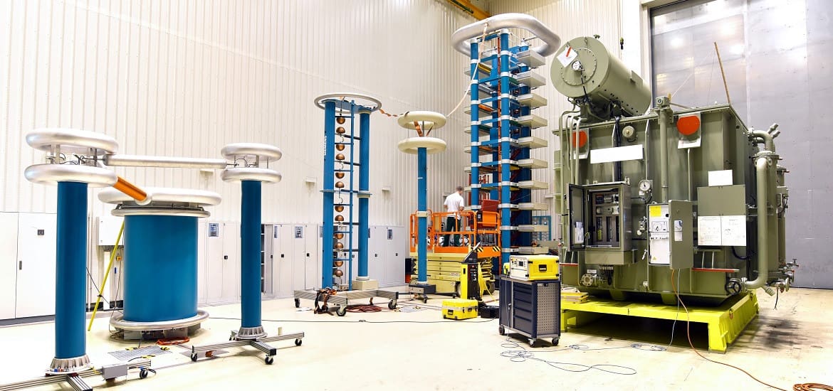 Picture of power transformer during lab testing