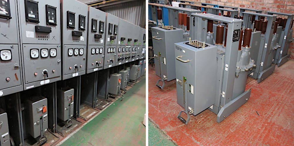 Old medium-voltage oil circuit switchgear (left) and oil circuit breakers (right)