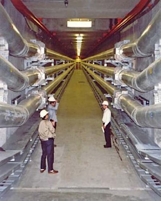 Single-phase insulated bus duct double system laid in a horizontal tunnel with vertical angle elements