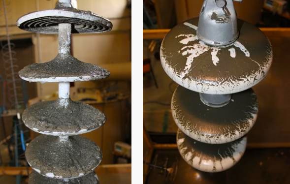 Polluted power line insulators