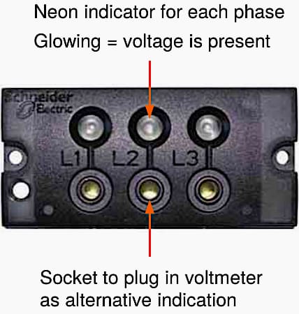 Voltage presence indicating neon lights as fitted to a RM6 ring main unit