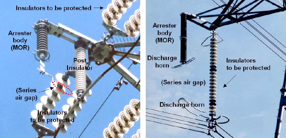 Typical mounting structures of EGLA (left: 77kV transmission line; right: 500kV line)