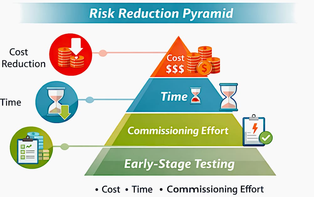 Risk reduction pyramid showing early-stage testing saves time, cost, and commissioning efforts