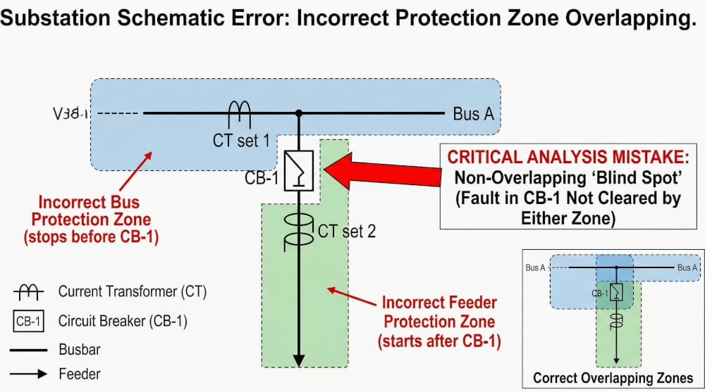 Substation schematic error: Incorrect protection zone overlapping