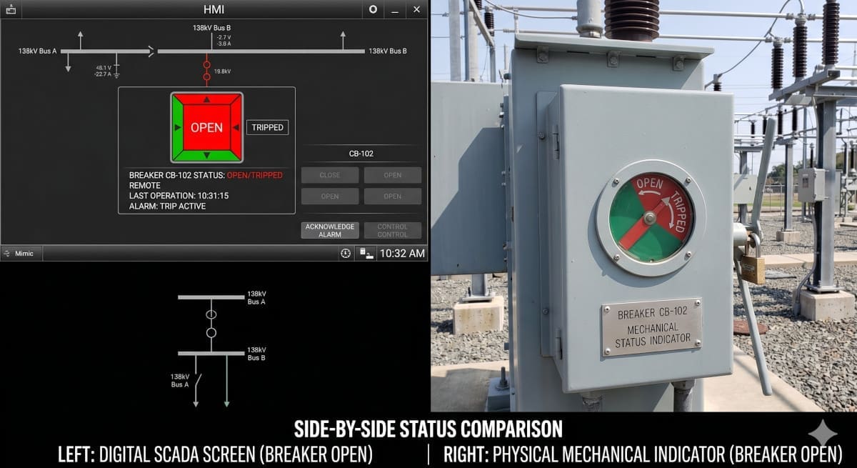 A side-by-side comparison image: on the left, a digital SCADA screen showing a breaker status; on the right, the physical mechanical indicator on the actual breaker in the yard