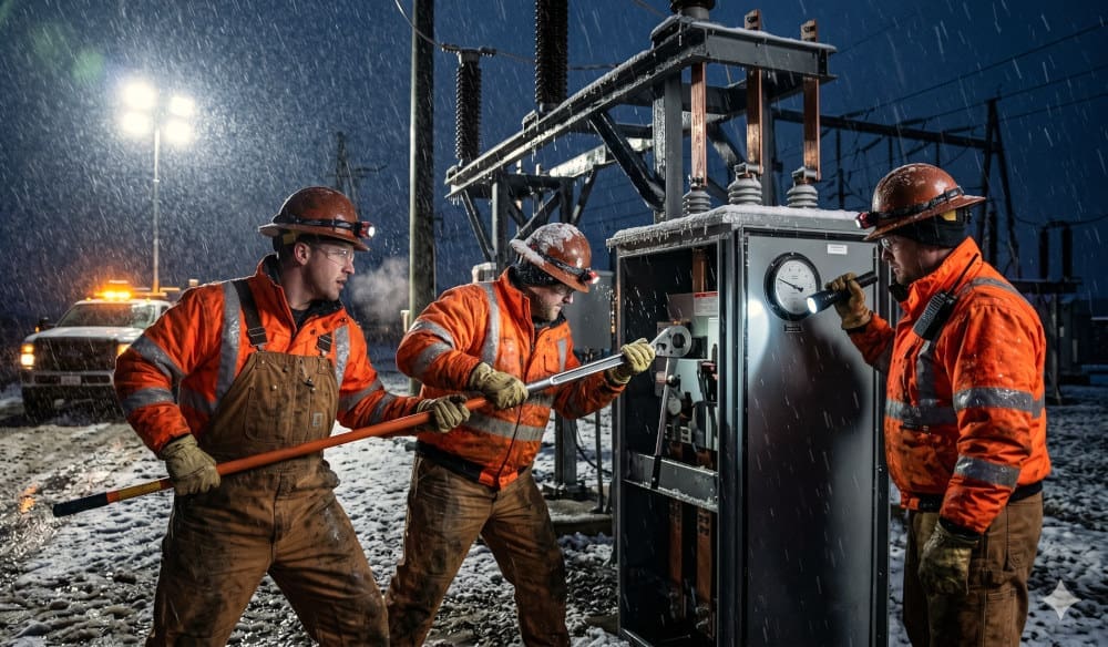A substation at night under heavy rain illustrating the harsh and stressful conditions operators face during emergency restorations