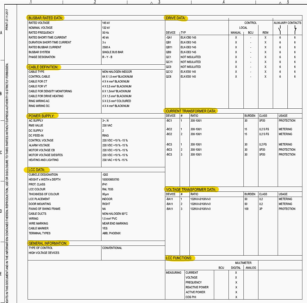 132kV GIS project data and technical parameters