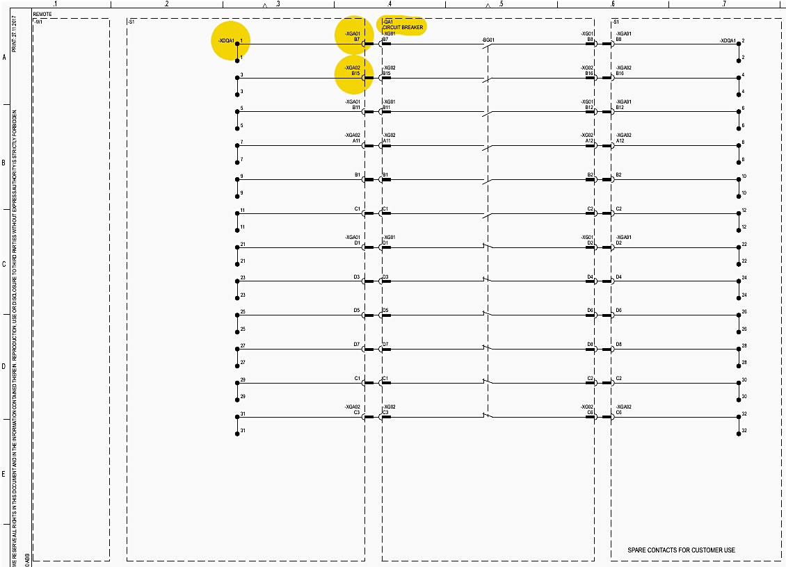 Circuit breaker spare contacts schematic (Sheet 801)