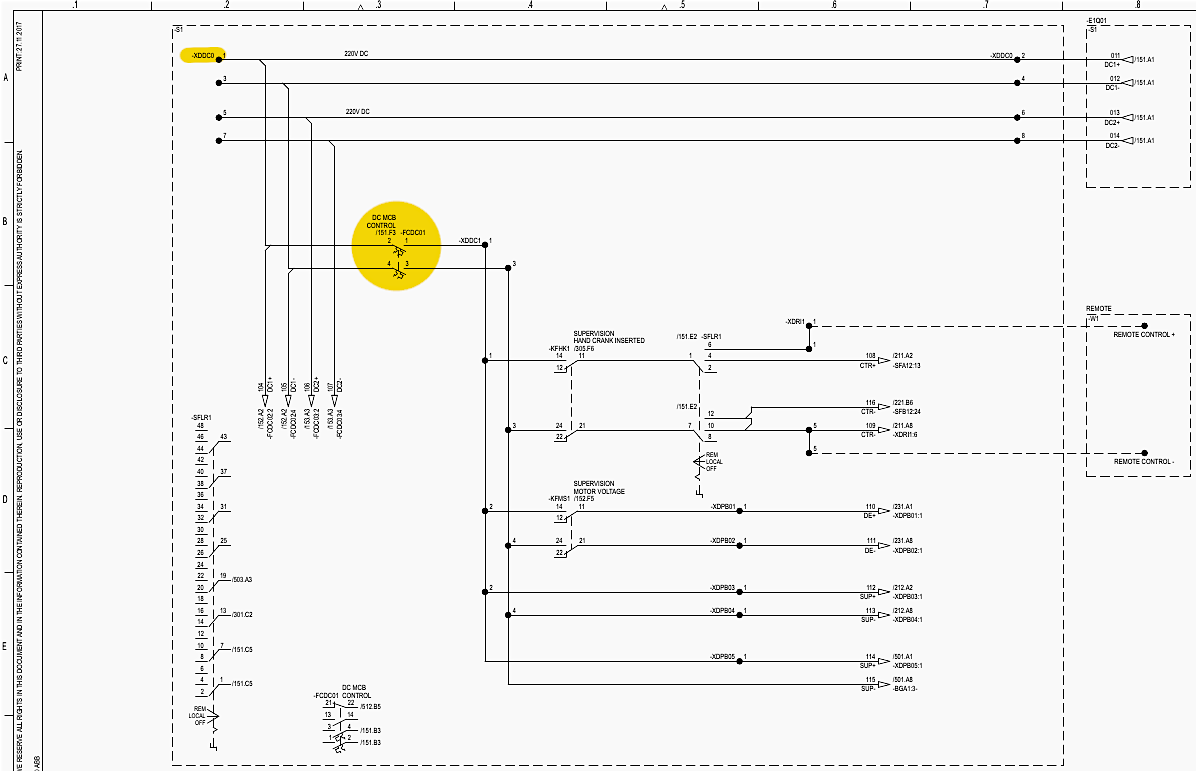 DC auxiliary supply and distribution schematic (Sheet 151)